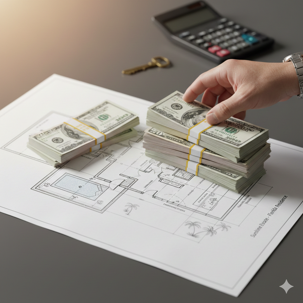 Change The Down Payment Amount Before Closing:  A conceptual image showing hands adjusting stacks of money on a home blueprint, representing changing a down payment in Florida.
