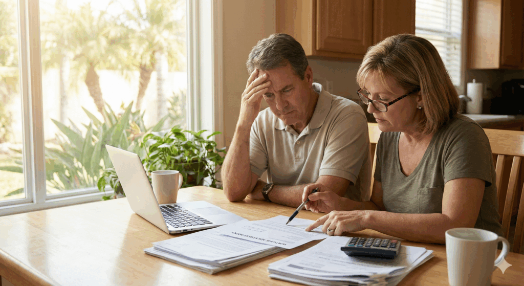 Difference Between A Short Sale And Foreclosure In Florida - Concerned Florida couple at their kitchen table reviewing documents for a short sale vs. foreclosure decision.