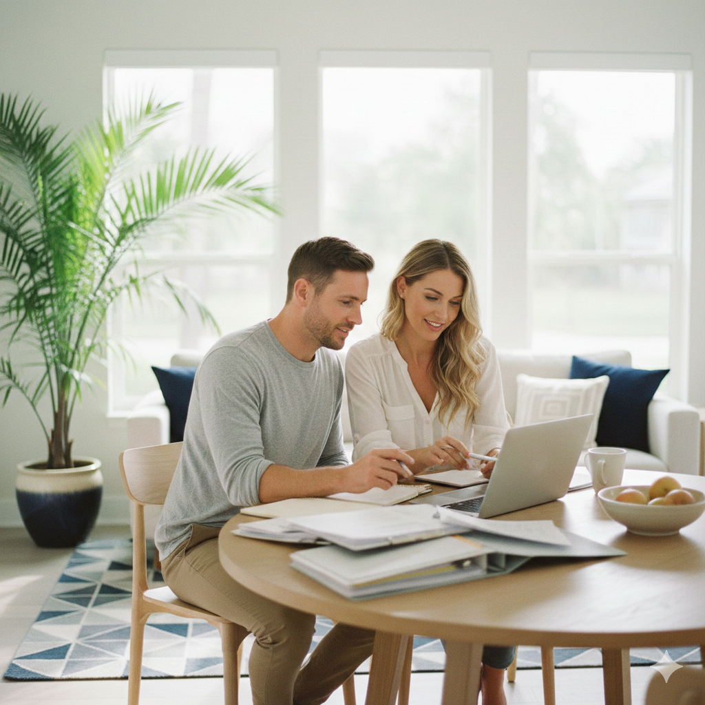 How Far In Advance Can You Get A Mortgage?  Hopeful young couple reviewing their mortgage pre-approval timeline documents while sitting in a sunlit living room in North Central Florida.
