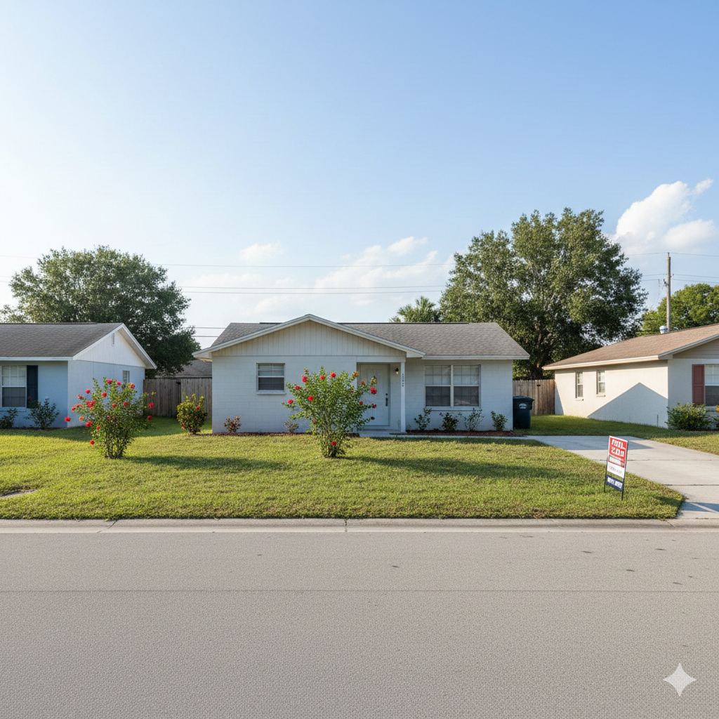 How Much House Can You Afford In Ocala Florida If You Make $45k A Year A street view of an affordable, well-kept single-family home in an Ocala, Florida neighborhood, ideal for a $45,000 salary budget.