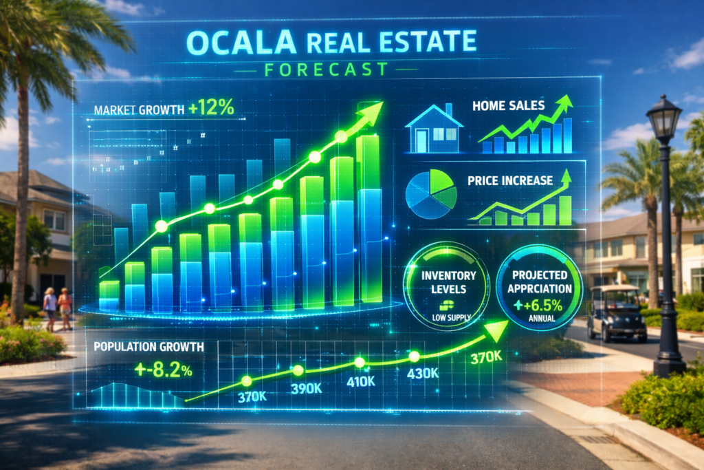 Is 2026 A Good Year To Buy A House In Ocala - Digital graphs showing the positive Ocala, FL housing market forecast for 2026, overlaid on a beautiful neighborhood street scene.