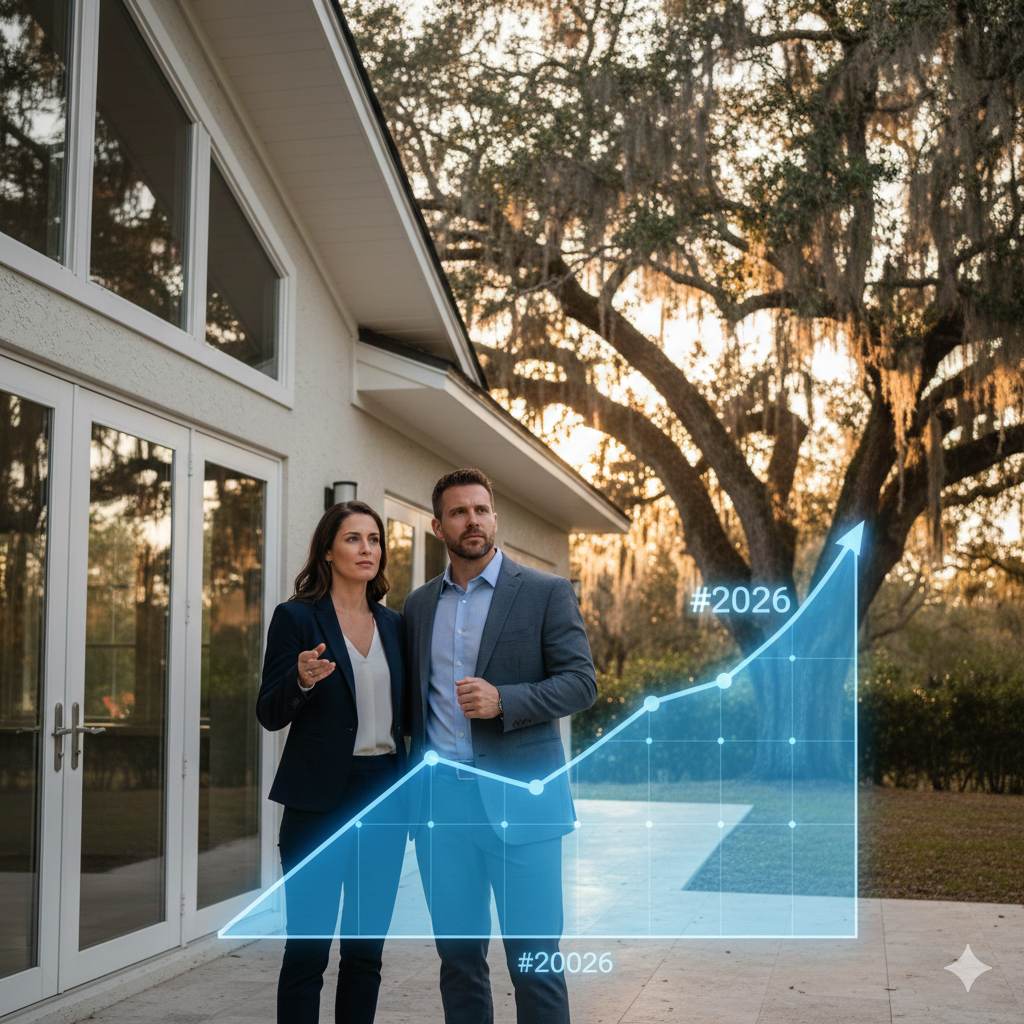 Ocala Home Prices: A couple analyzes the 2026 Ocala home price forecast on a digital chart, planning their real estate future in Florida
