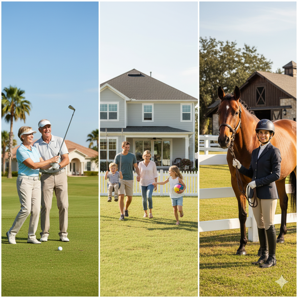 Ocala Real Estate Market:  A three-panel image showing diverse Ocala real estate in 2026: retirees golfing, a family at a new home, and an equestrian property.