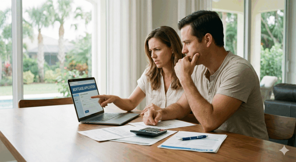 Red Flag In A Mortgage Application A concerned couple in their Florida home analyzing their mortgage application on a laptop, trying to resolve potential red flags.