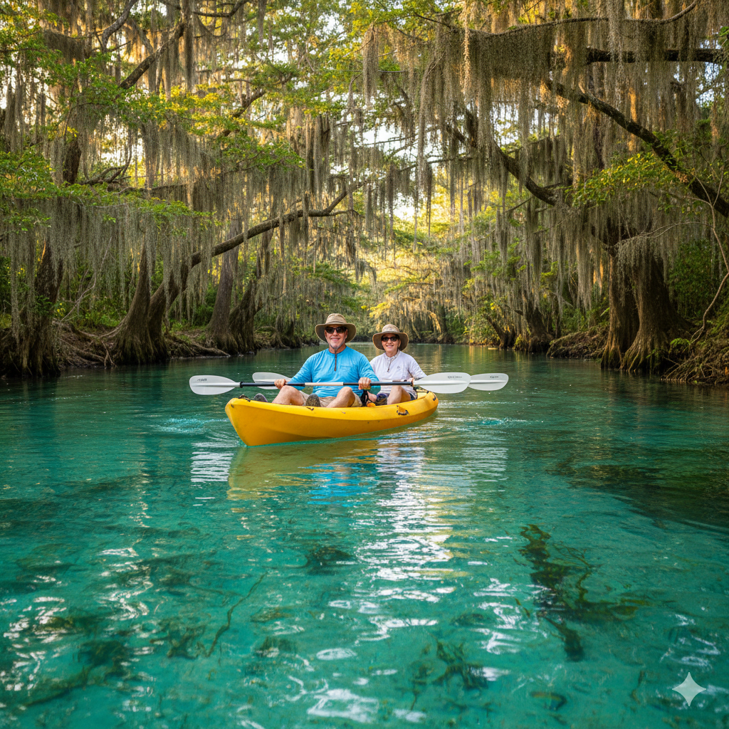 What Are The Pros And Cons Of Living In Dunnellon Florida - A happy mature couple enjoying the pros of living in Dunnellon Florida by kayaking on the crystal-clear Rainbow River during a sunny afternoon.