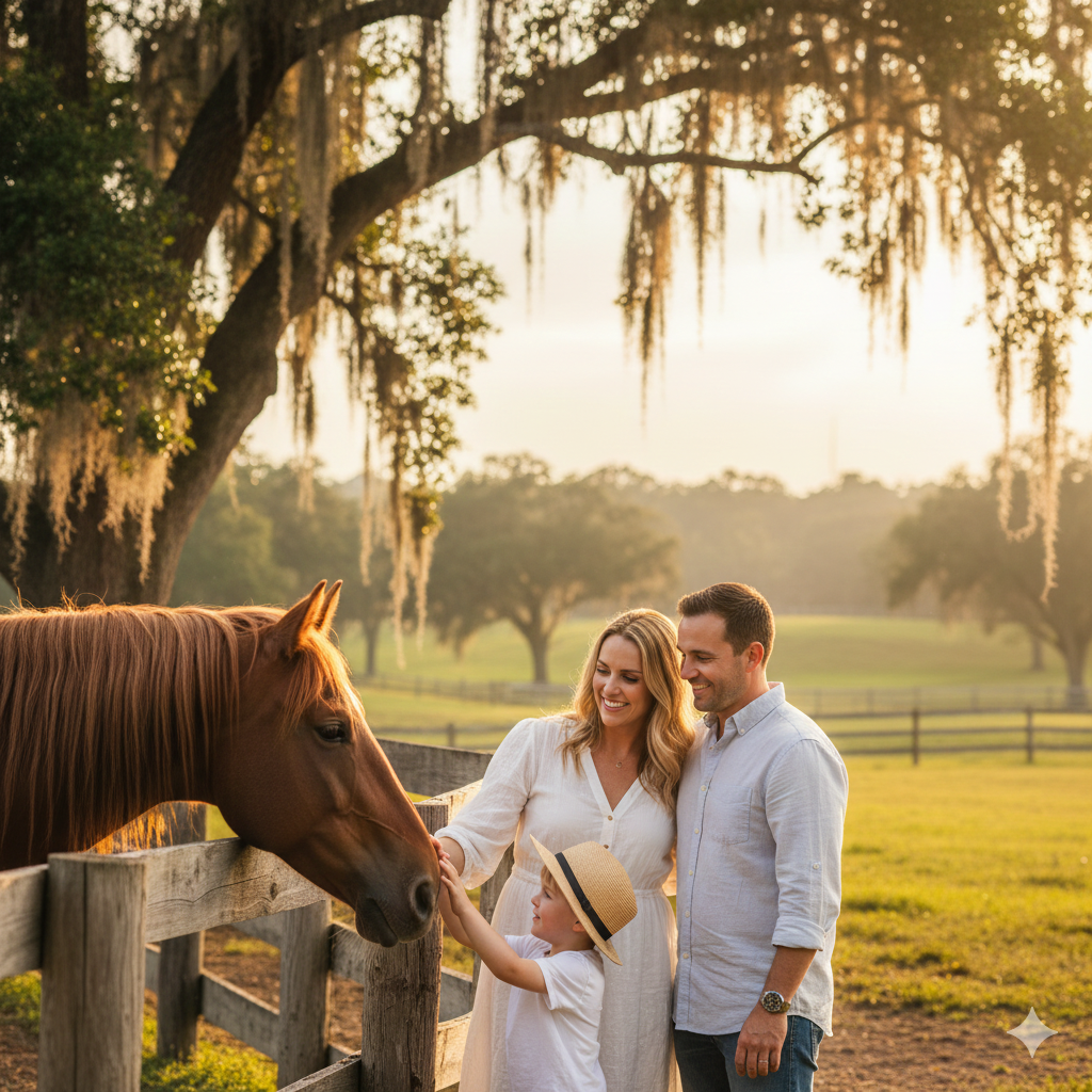 What Are The Pros And Cons Of Living In Ocala, Florida - Happy young family with two children enjoying the high quality of life, walking through a scenic green field, a major pro of living in Ocala, Florida.
