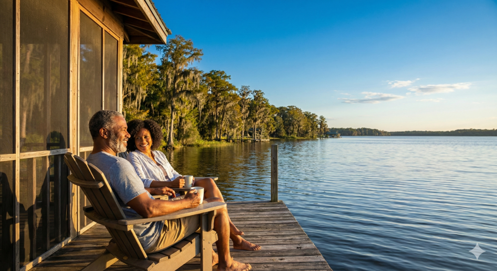 What Are The Pros And Cons Of Living In Ocklawaha, Florida - Peaceful golden hour view of a wooden dock on Lake Weir, a major pro of living in Ocklawaha, Florida, with calm water and a warm sunset.