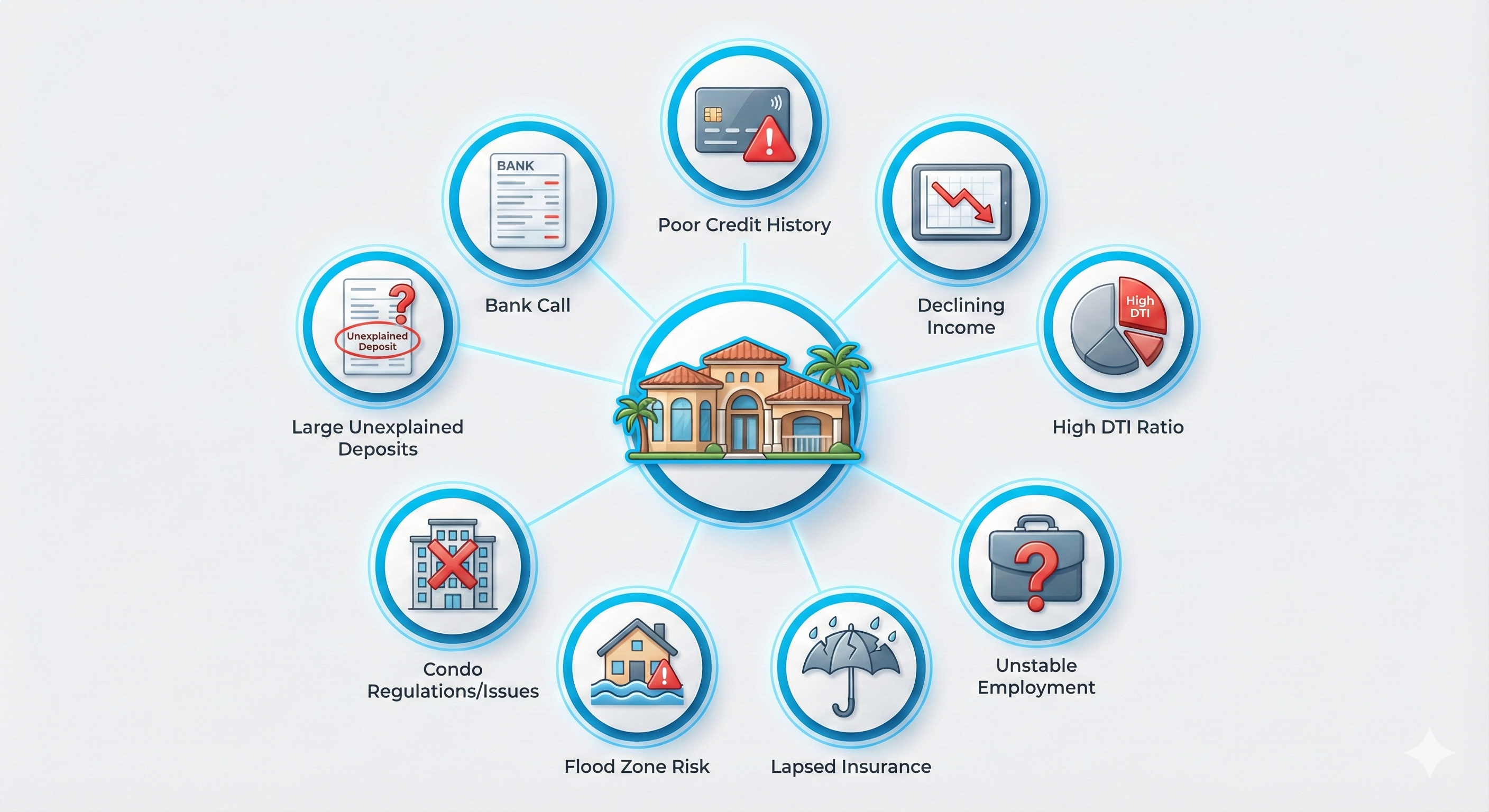 What Is A Red Flag In A Mortgage Application?  Infographic showing 8 critical mortgage red flags for Florida homebuyers, with icons for credit, income, insurance, and flood zones.