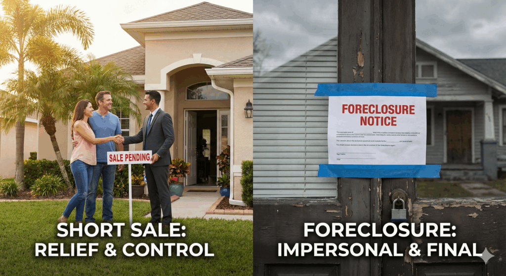 What Is The Difference Between A Short Sale And Foreclosure In Florida - A split image comparing a hopeful short sale with a Realtor to a stark foreclosure notice on a door.