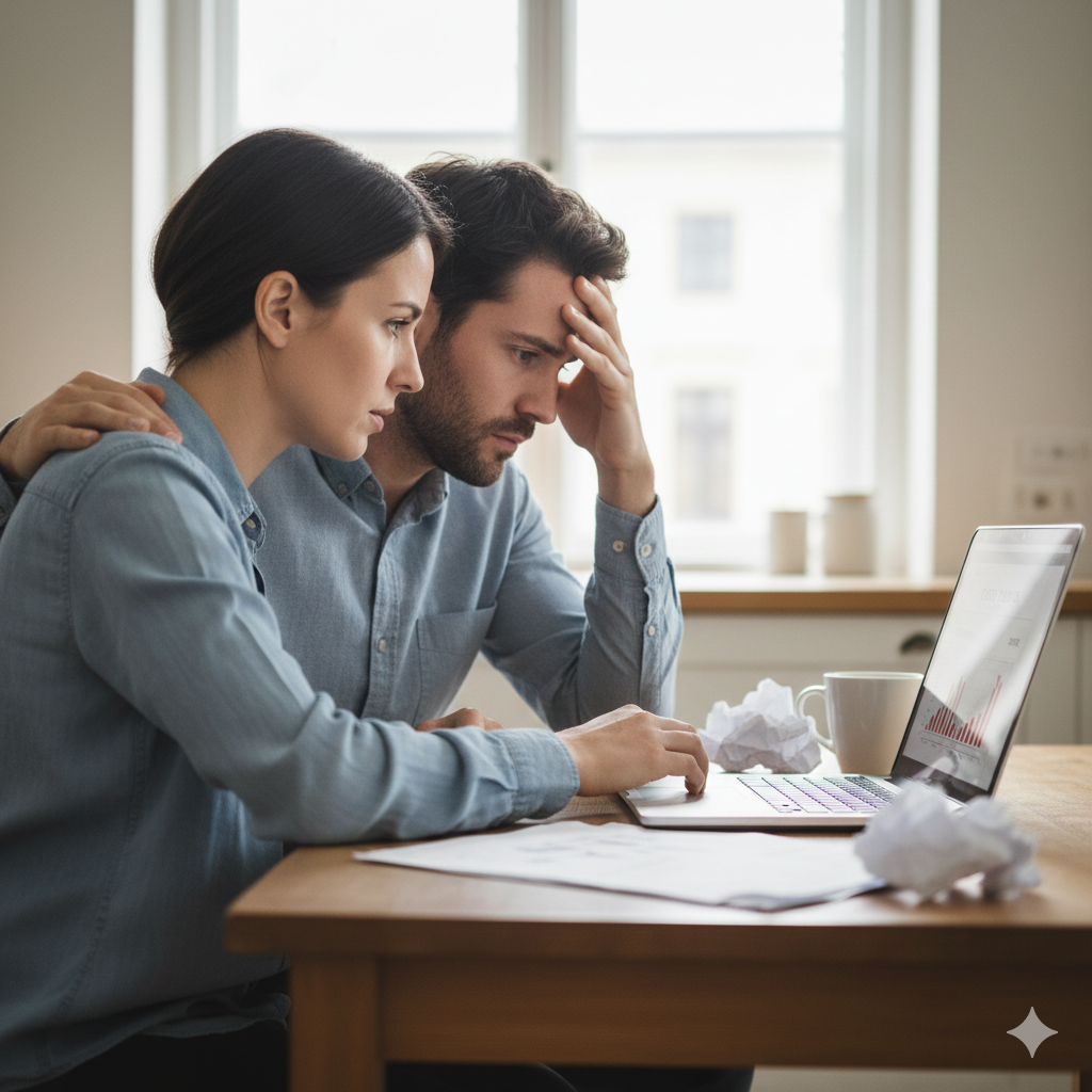 Why Would A Lender Deny A Mortgage? Concerned diverse couple in Florida looking at a mortgage denial letter at their kitchen table, conveying the stress of a home loan rejection.