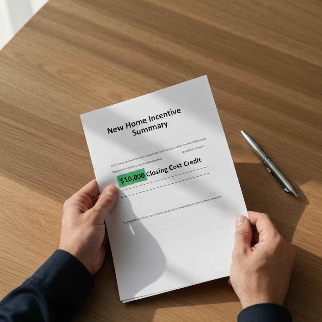 What Incentives Are Builders Offering for New Homes in Ocala in 2026?  Builder Incentives New Homes Closing Cost Credit Ocala Fl. Close-up of a highlighted document showing a 'Closing Cost Credit,' one of the key financial incentives for new homes in Ocala, Florida.