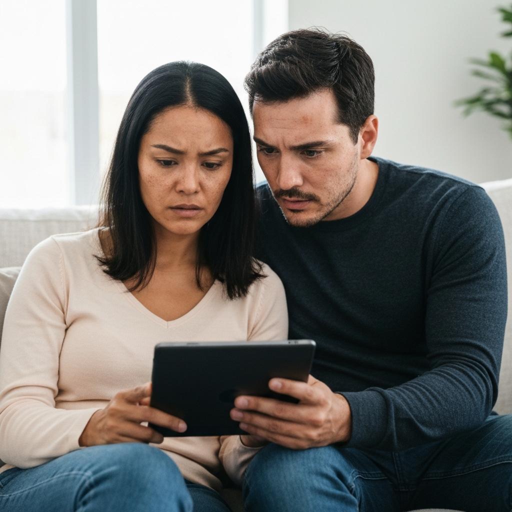 How Many Showings Is a Good Sign Before Selling Your Ocala Home? Concerned couple checks a tablet for property viewing updates, wondering how many showings is a good sign before selling their home in Ocala, Florida.