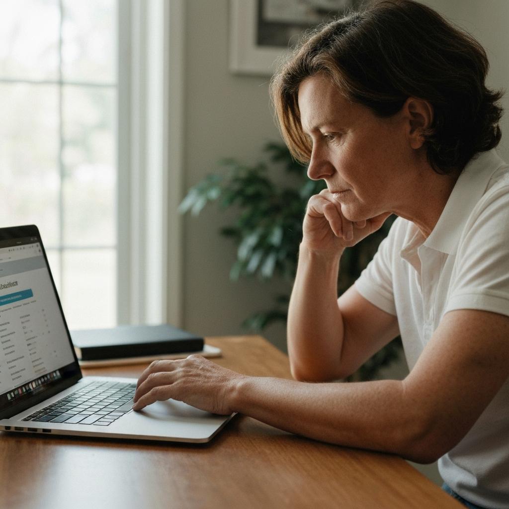 How to Correct Your Zestimate Data on Zillow for Your Ocala Home. Determined Ocala homeowner at a desk correcting their Zestimate data on a laptop, with the Zillow owner dashboard visible in their sunlit Florida home.