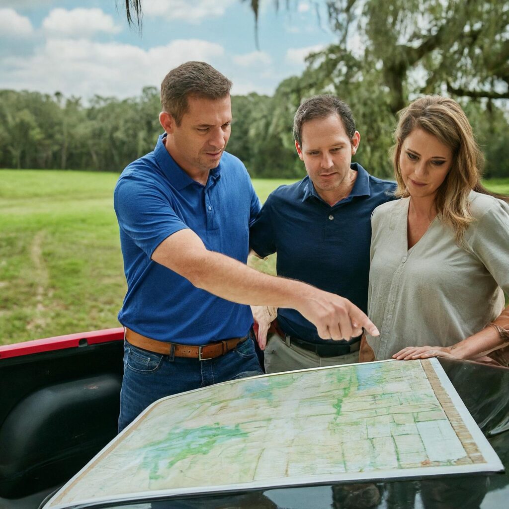 How to Find the Right Equestrian Property Near WEC in Ocala, FL?  Equestrian Property Near Wec Agent Consulting Buyers Ocala Fl - Knowledgeable real estate agent with Scott Coldwell's team reviewing a property site plan with clients looking for an equestrian property near WEC in Ocala, FL.
