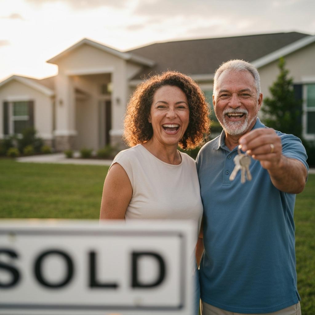 Which Price Ranges in Ocala Florida Are Selling the Fastest. A joyful senior couple holds keys in front of their beautiful house, representing one of the fastest selling homes in an upscale Ocala, Florida area.