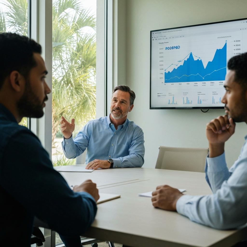 Professional Ocala real estate expert explains a home's sale price history on a digital screen to an attentive couple in a bright, modern office.