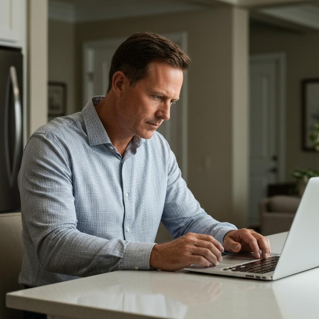Home Sale Price History Research Laptop Ocala Florida. Focused Ocala homeowner researching their home's sale price history on a laptop at their kitchen island in a brightly lit Florida home.