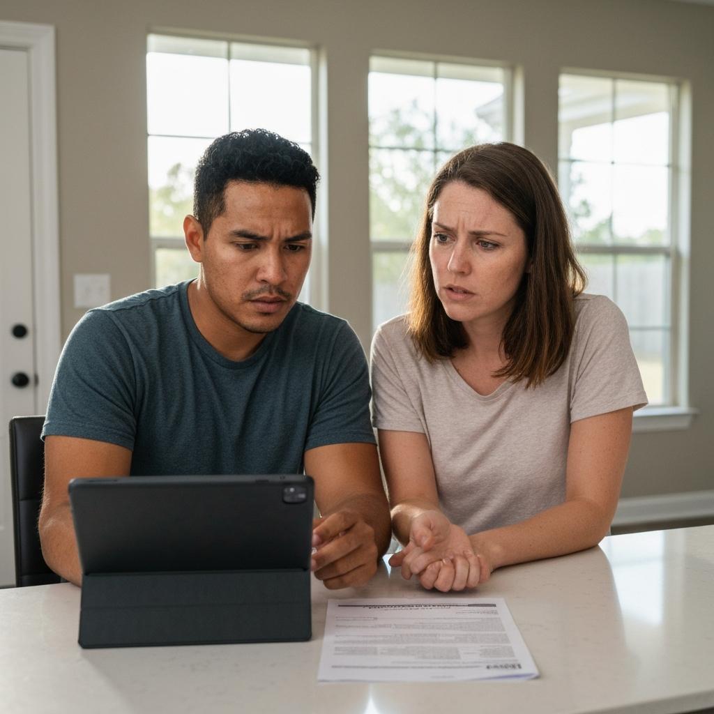 How Rising Homeowners Insurance Costs Affect Ocala Affordability - Concerned Hispanic and Caucasian couple reviewing rising homeowners insurance costs on a tablet, looking stressed about Ocala home affordability.