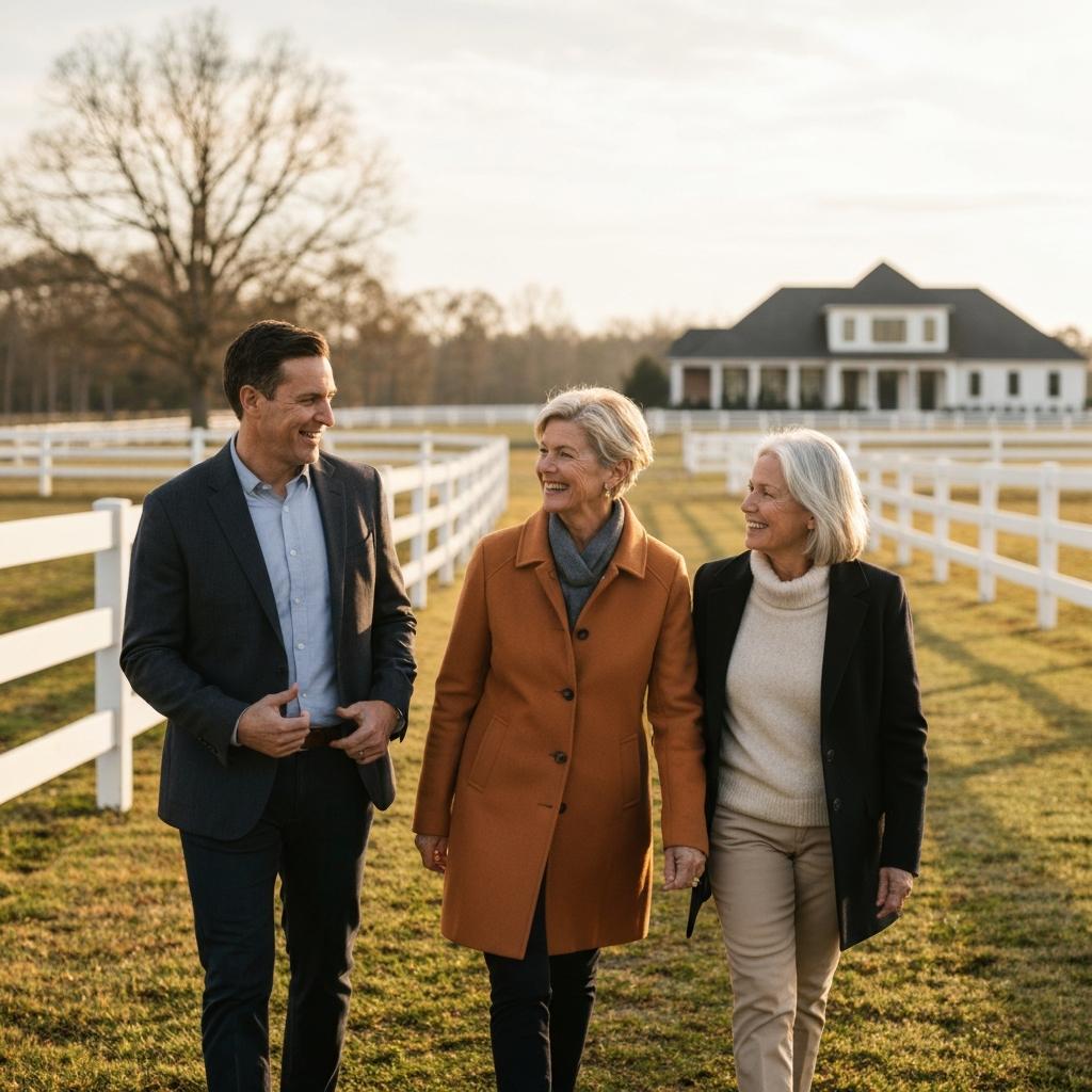 Professional real estate agent discusses the market with a senior couple on the grounds of a luxury equestrian estate for sale in Ocala, Florida.