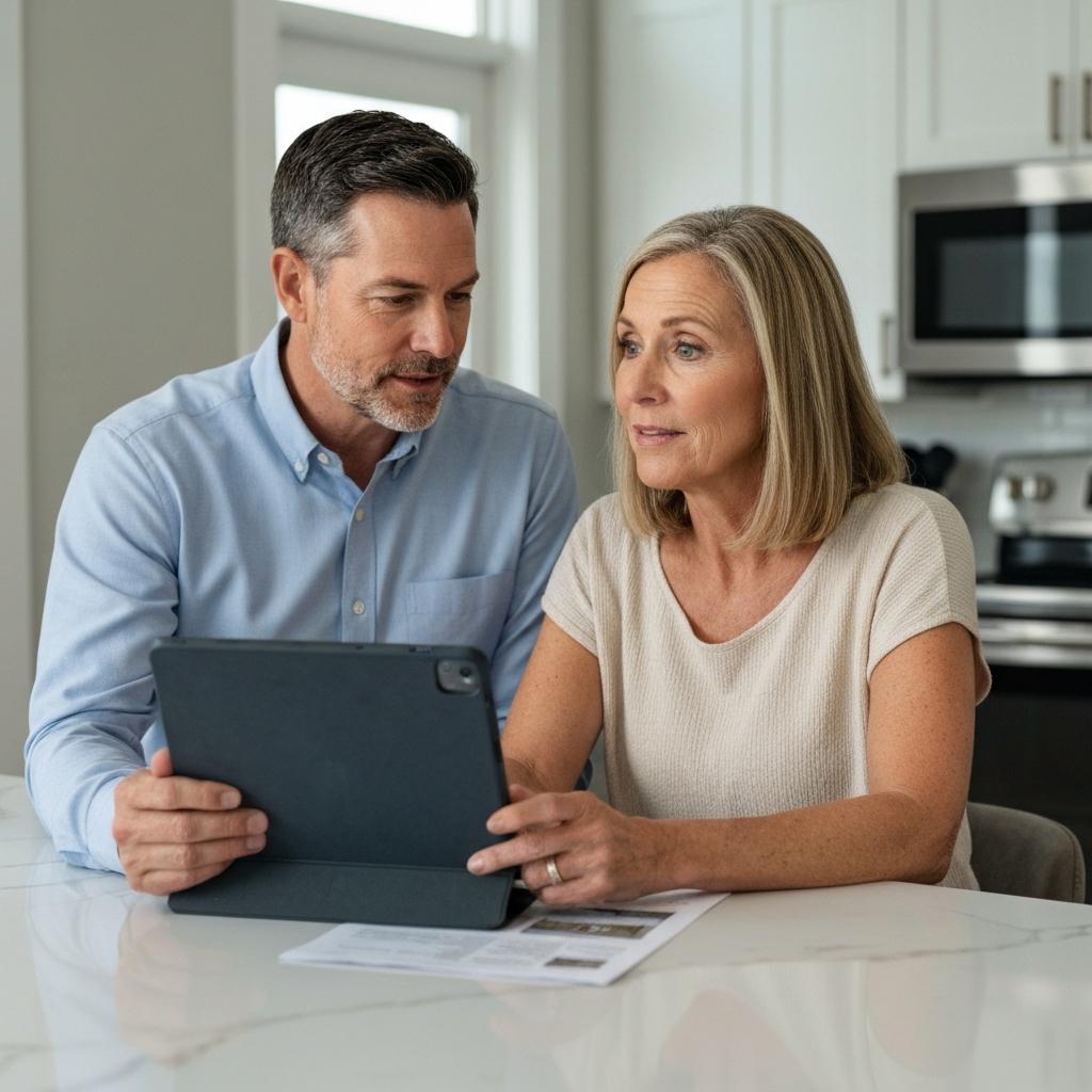 How To Improve Your Home's Zestimate Accuracy in Ocala. Professional Ocala real estate expert explains a home valuation report to a homeowner to improve Zestimate accuracy in their Florida kitchen.