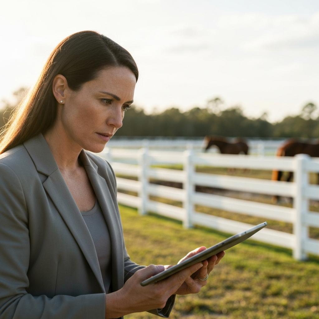 What Is a Low Appraisal and Why Does It Matter in Ocala? Professional female appraiser inspecting an Ocala, Florida equestrian property, evaluating its unique features to prevent a low appraisal.