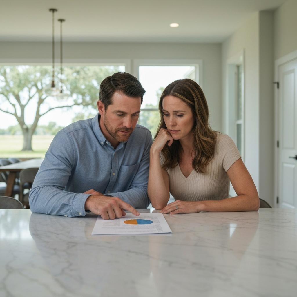 How Often Do Appraisals Come in Low in Ocala? Concerned couple reviewing a low home appraisal report at their modern kitchen island in Ocala, Florida, looking worried about the property value.