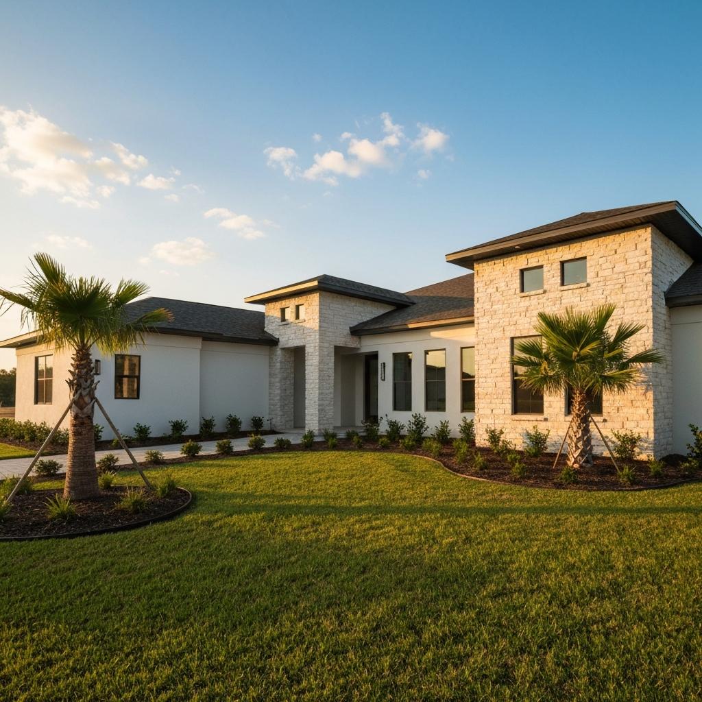 Are Ocala Home Prices Going Down? Sun-drenched modern Ocala home with a pristine lawn, representing the stable Ocala home prices in an upscale Florida neighborhood.