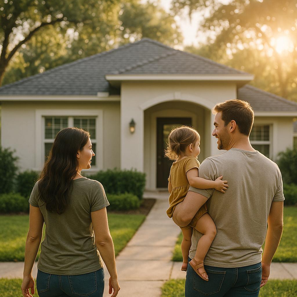 How Does Ocala's Housing Market Compare to Other Florida Cities in 2026. Aspirational young family admiring their modern single-family home, showcasing the affordable and attractive Ocala housing market in Ocala, Florida.
