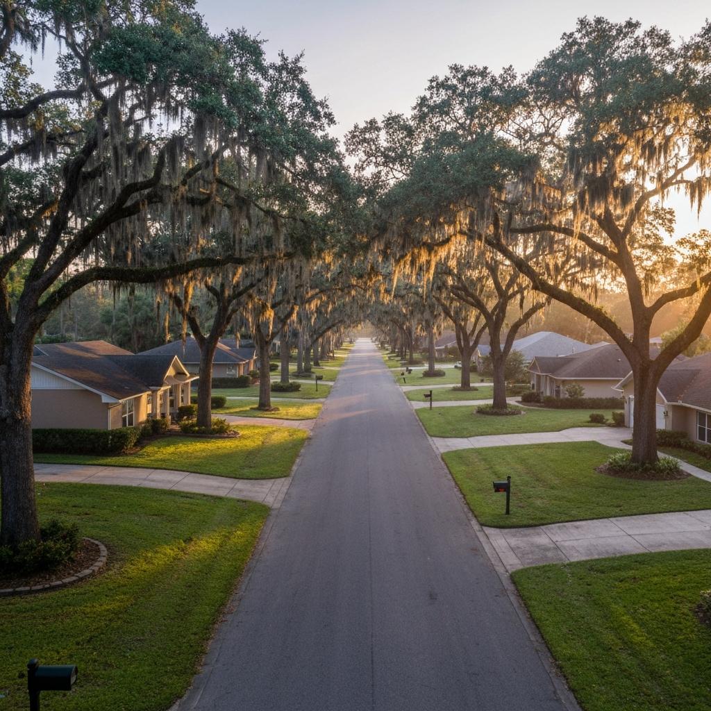 Tranquil Ocala, Florida neighborhood street with single-family homes lined with majestic live oak trees and Spanish moss during golden hour.