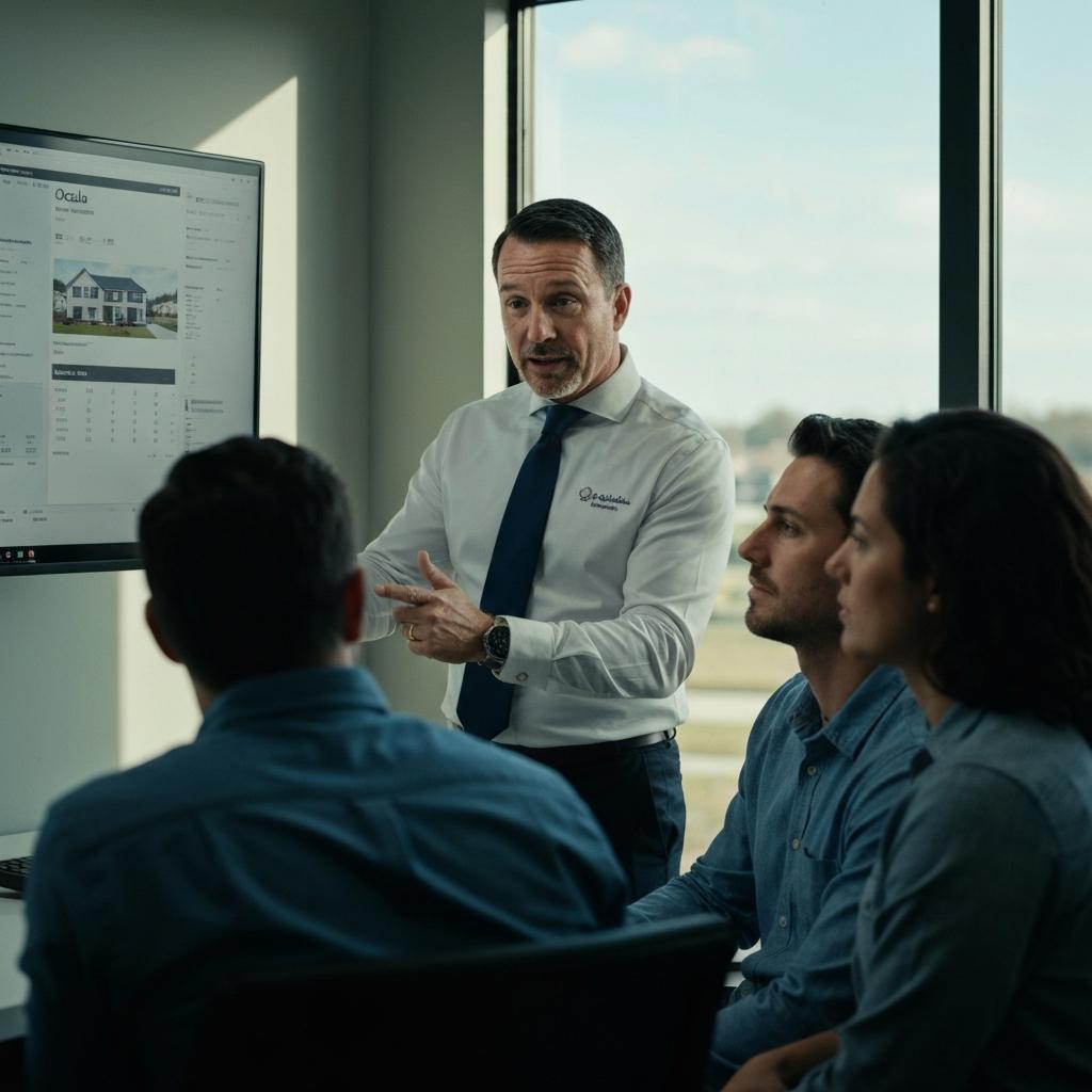 How Often Do Banks Accept Short Sale Offers? Experienced Ocala real estate agent explains short sale offer acceptance rates on a monitor to a concerned couple in a professional office setting.