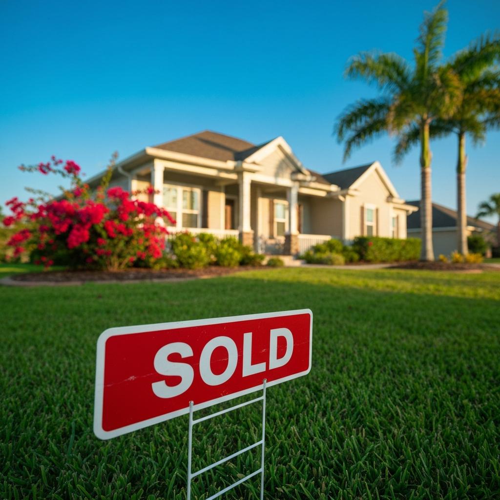Is It a Red Flag if a House Has Been on the Market for a Long Time in Ocala Florida? Bright red real estate sold sign on a lush green lawn, signifying a successful home sale despite a long time on the market in Ocala, Florida.