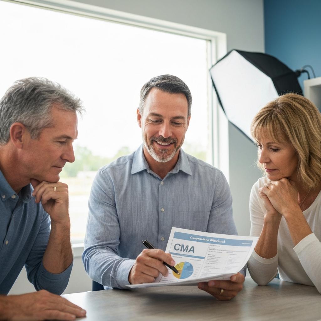 Zestimate Accuracy in Ocala, Florida: What Homeowners Really Need to Know Knowledgeable real estate agent reviews a market analysis to explain Zestimate accuracy to a relieved couple in his modern Ocala, Florida office.