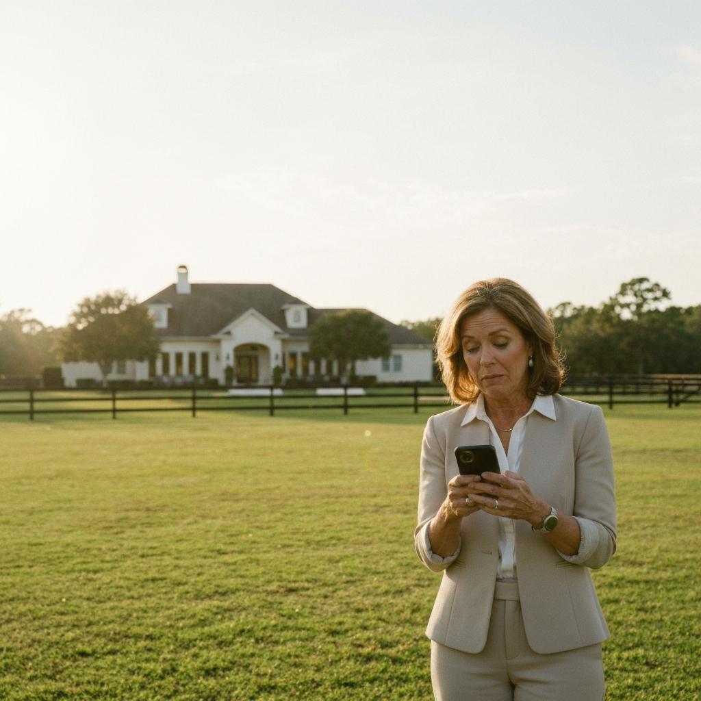 How To Improve Your Home's Zestimate Accuracy in Ocala. Stylish Ocala homeowner looks confused at her phone's Zestimate while standing in front of her high-value Florida equestrian property.