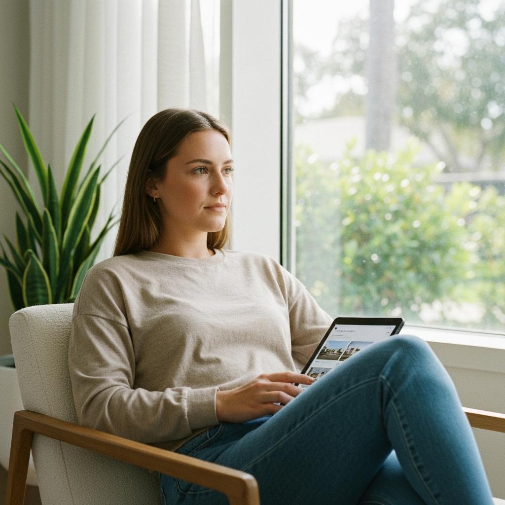 Can People See If You Looked at Their House On Zillow?  A calm young woman privately browsing Ocala real estate listings on a tablet, considering Zillow viewer privacy in her sunny Florida living room.